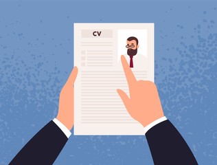 Aufkleber - Hands holding CV or Curriculum Vitae of candidate or applicant. Concept of job application, choice of worker, staff recruitment, HR or employee hiring. Vector illustration in flat cartoon style.