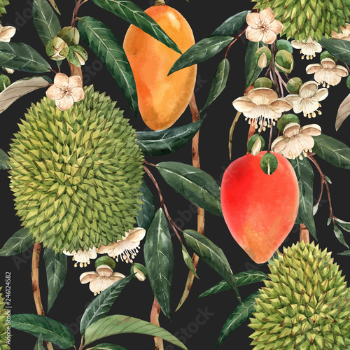 Naklejka na drzwi Watercolor durian tropical vector seamless pattern