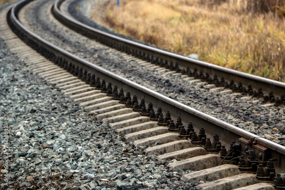 Empty Rails railway in the industrial zone..empty rails with a semaphore, in ...