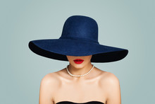 Stylish Woman With Red Lips Makeup Wearing Classic Hat And White Pearls, Fashion Portrait
