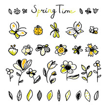 Set Hand Drawn Floral, Leaves And Insects Elements. Spring Collection. Cute Collection Of Design Elements, Isolated On White Background. Doodle Floral Elements