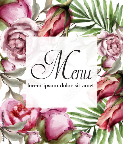 Floral watercolor frame card Vector. BEautiful peony, roses and tropic leaves...