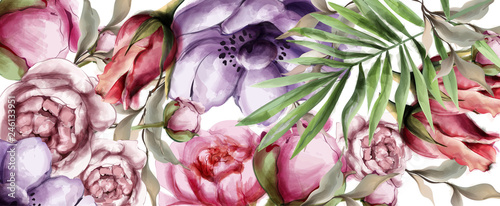 Floral watercolor background Vector. BEautiful peony, roses and tropic leaves...