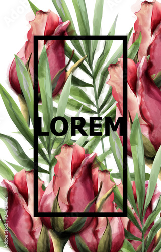 Roses and tropic leaves watercolor Vector card. Spring trendy poster templates