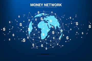Aufkleber - World Globe with money dollar icon polygon dot connected line. Concept for financial network connection.