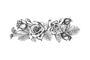 Floral frame. Hand drawn sketch of roses, leaves and branches Detailed vintage botanical illuatration.