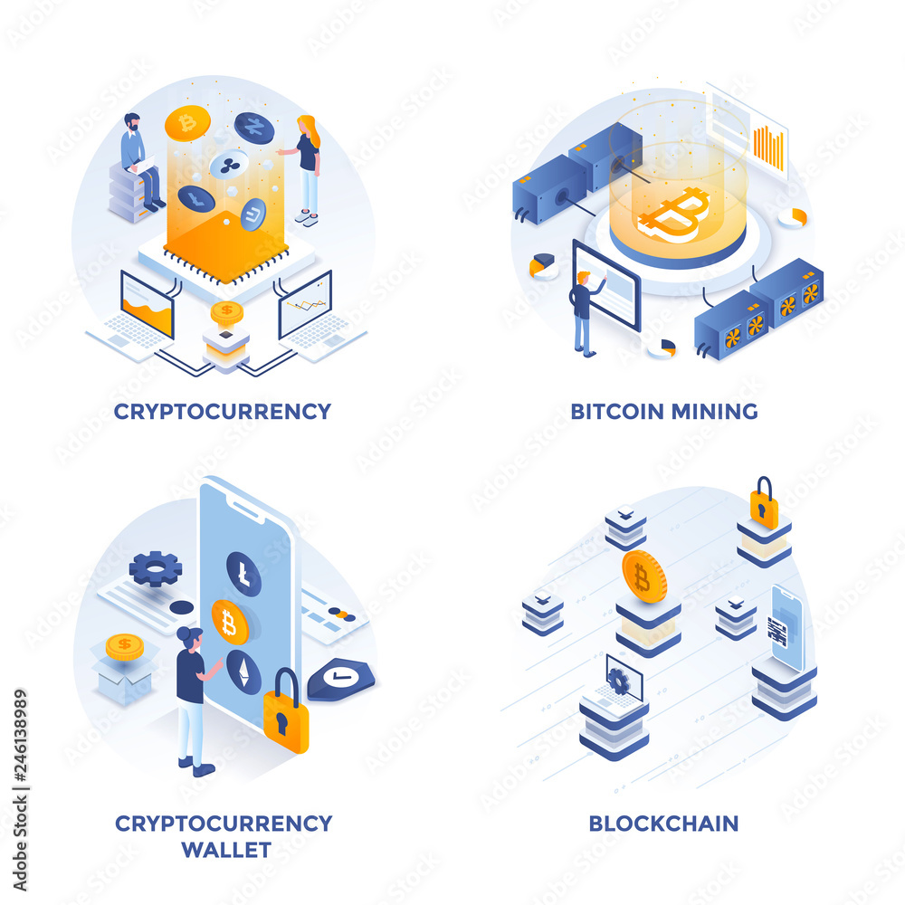 Modern Flat Isometric designed concept icons for Cryptocurrency,  Cryptocurrency wallet, Bitcoin mining and Blockchain. Can be used for Web  Project and Applications. Vector Illustration 스톡 벡터 | Adobe Stock