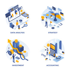 Poster - modern flat isometric designed concept icons for data analysis, strategy, investment and accounting.