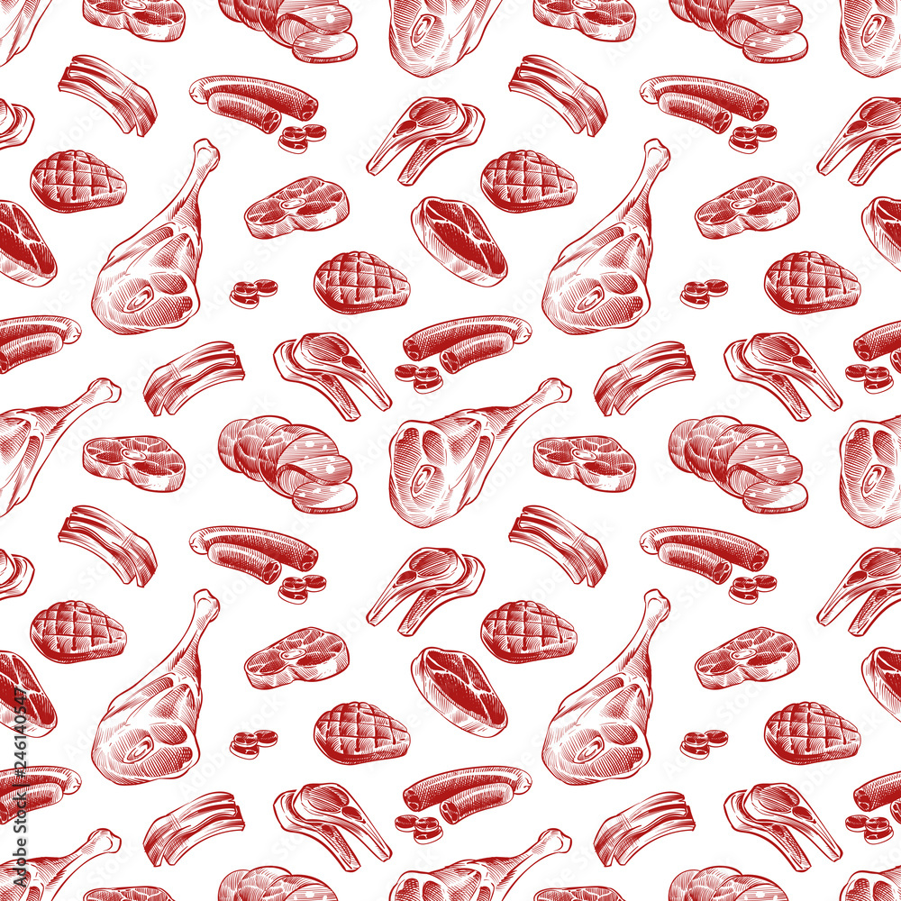 Hand drawn meat, steak, beef and pork, lamb grill meat and sausage seamless pattern. Vector illustration - obrazy, fototapety, plakaty 