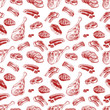 © MicroOne - Hand drawn meat, steak, beef and pork, lamb grill meat and sausage seamless pattern. Vector illustration