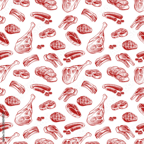 Fotomural Hand drawn meat, steak, beef and pork, lamb grill meat and sausage seamless pattern