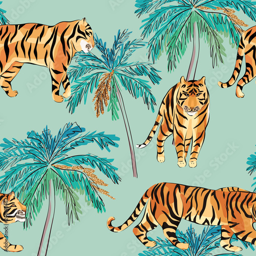 Exotic seamless pattern. Tropical leaves and tiger. Vector illustration