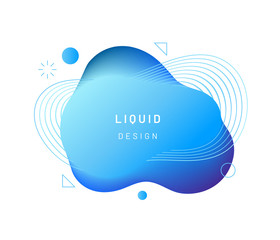 Blue dynamic light on fluid blotch. Gradient liquid blob with circles, triangle and wavy lines. Modern abstract background for card design or logo template. Dynamical colored shapes