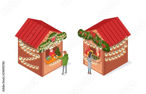 Cuadros en Lienzo Christmas fair, market with street shops vector