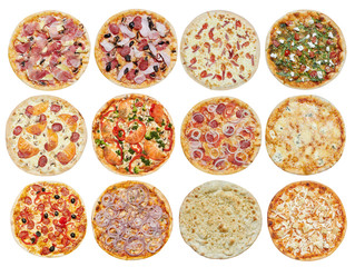 Big set of different pizzas: Ham with mushrooms, Barbecue, Peperoni's, Mexican, Chicken, Meat, Italian, Florentina, Bonanza, Margarita, Marinera, Hawaiian, Isolated on white background. Top view