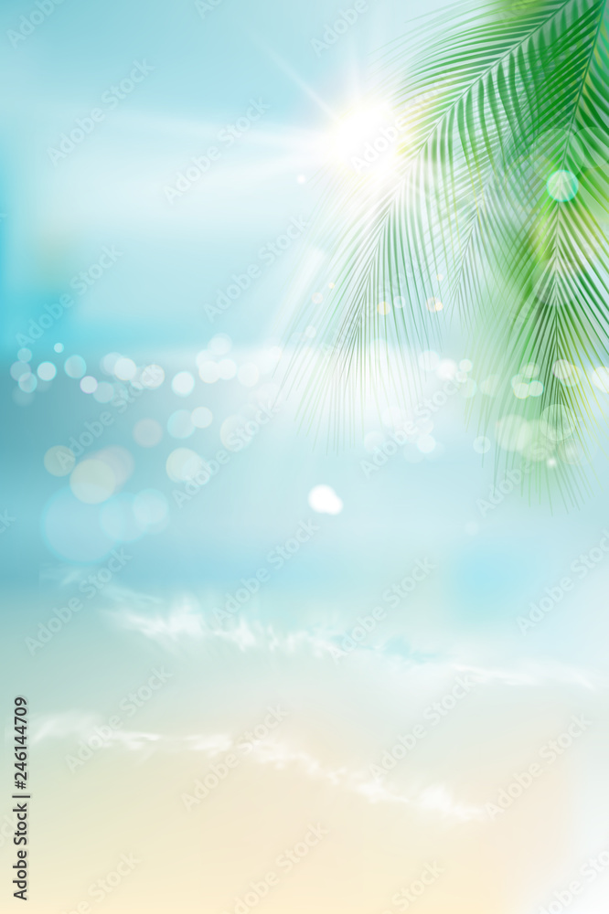 View of the sunny beach with a palm tree. Blue ocean. Vector ...