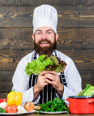 Vegetarian salad with fresh vegetables. Dieting organic food. Cuisine culinary. Vitamin. Happy bearded man. chef recipe. Healthy food cooking. Mature hipster with beard. Juicy and sweet