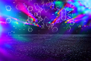 Futuristic background of the 80s retro style. Digital or Cyber Surface. neon lights and geometric pattern , test screen glitch