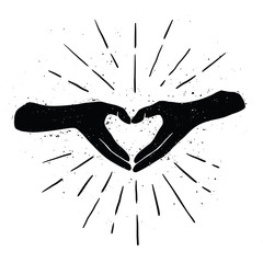 Black hands shaping yellow heart handdrawn black color illustration.