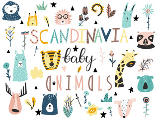 Baby animals, plants, flowers and other elements collection. Scandinavian style.