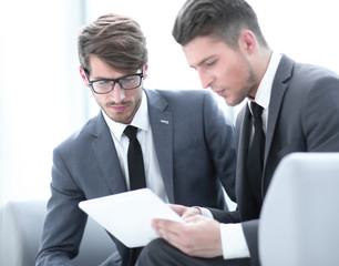 Wall Mural - Image of two successful business partners working at meeting in