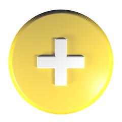 Poster - Yellow circle push button with the sign + for the sum operation - 3D rendering illustration