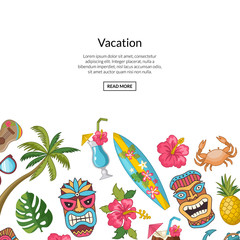 Wall Mural - Vector cartoon summer travel elements background illustration. Vacation web banner with color elements