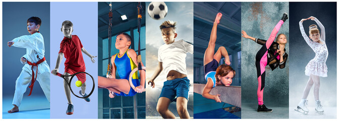 Sport collage about teen or child athletes or players. The soccer football, figure skating, tennis, karate martial arts, rhythmic gymnastics. Little boys and girls in action or motion