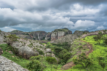 View at the mountains Pungo Andongo, Pedras Negras (black stones), huge geologic rock elements