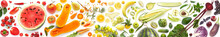Banner From Various Vegetables And Fruits Isolated On White Background, Top View, Creative Flat Layout. Concept Of Healthy Eating, Food Background.