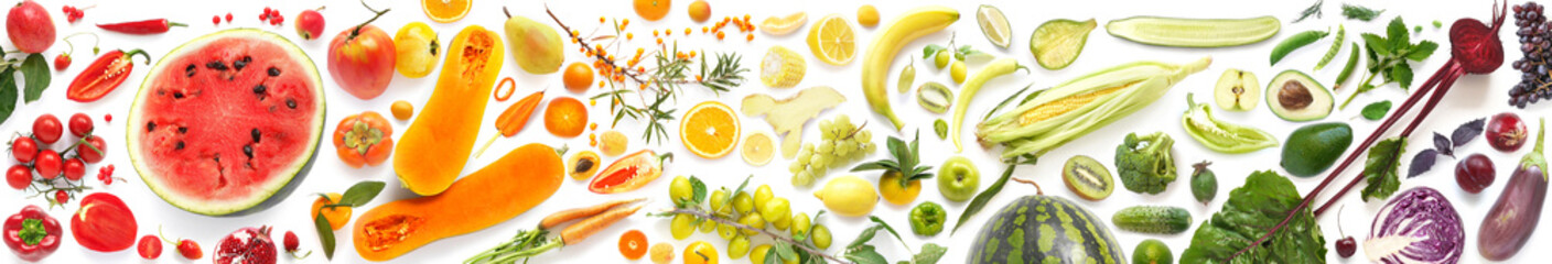 Wall Mural - Banner from various vegetables and fruits isolated on white background, top view, creative flat layout. Concept of healthy eating, food background.