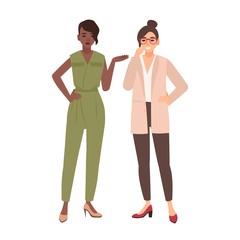 Poster - Pair of smiling women dressed in business clothes or female office workers talking to each other and laughing. Conversation between colleagues. Gossip at work. Flat cartoon vector illustration.
