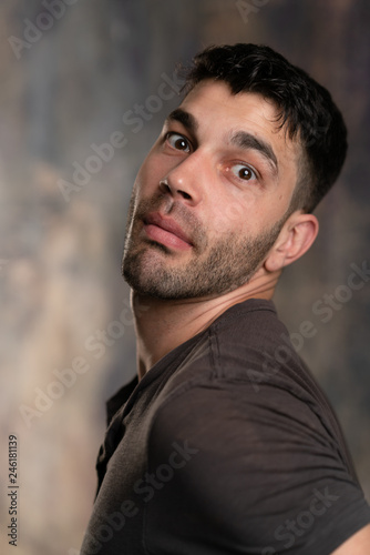 Handsome Caucasian White Male With Black Short Hair And Stubble