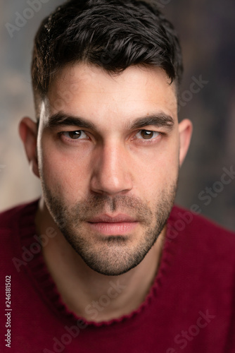 Handsome Caucasian White Male With Black Short Hair And Stubble