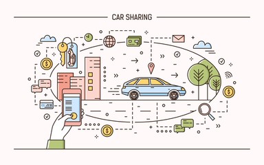 Poster - Banner template with hand holding mobile phone, keys and automobile on city street. Car sharing and rental electronic service or carsharing application. Modern vector illustration in linear style.