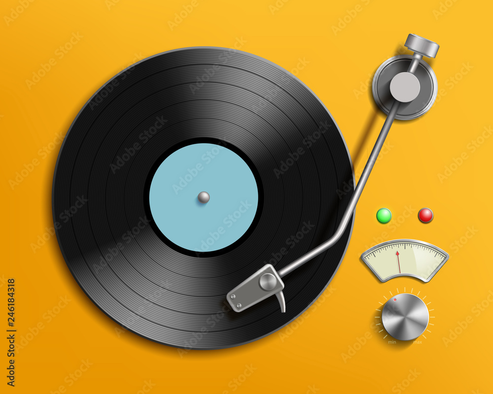 Vintage record player with retro vinyl disc - obrazy, fototapety, plakaty 