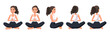 Vector illustration of sportive women in lotus position with namaste hands. Cartoon realistic people illustration practicing yoga. Flat young woman. Front view girl, Side view girl, Back side view.