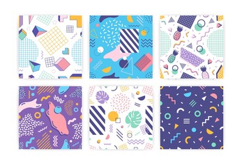 Fototapete - Bundle of seamless patterns with geometric shapes, tropical fruits, exotic leaves, stripes, grids and zigzag lines. Vector illustration in retro 1990s style for wallpaper, fabric print.