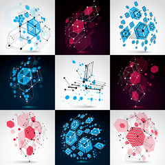 Poster - set of vector bauhaus abstract backgrounds made with grid and overlapping simple geometric elements,