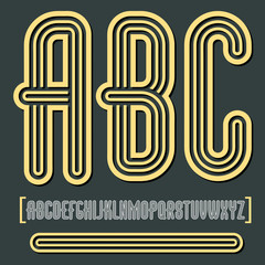 Wall Mural - Vector retro vintage capital English alphabet letters, abc collection. Funky tall font, typescript can be used in art creation. Created using geometric triple stripes.