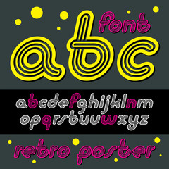 Poster - Vector retro lowercase English alphabet letters, abc collection. Cool disco cursive font, script from a to z can be used in poster art. Made with triple stripy decoration.