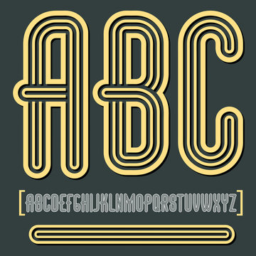 Vector retro vintage capital English alphabet letters, abc collection. Funky tall font, typescript can be used in art creation. Created using geometric triple stripes.