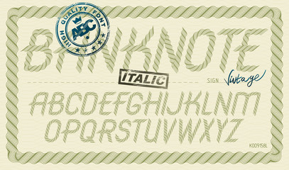 Poster - Vector font from a to z created using guilloche ornate, decorate waves. For use as bank notes or bonds design.