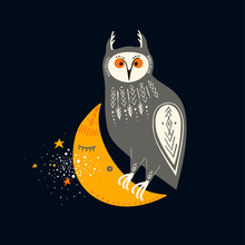 Vector Childish Illustration. Hand-drawn Owl Sitting On The Moon