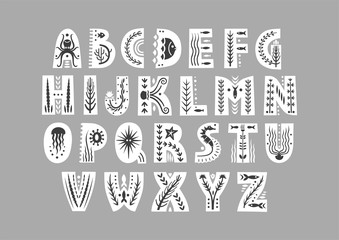 Poster - Vector white uppercase alphabet decorated with undersea black patterns