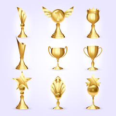 trophy cups set vector. success golden trophy award. different champion icon. winner leader prize. f