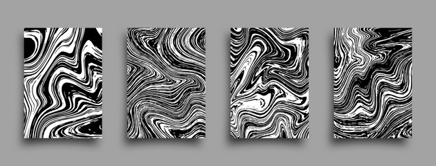 Set of vector abstract grunge brochures. Monochrome liquid textures. Marble templates with shadow.