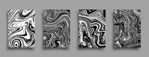 Set of vector abstract grunge brochures. Monochrome liquid textures. Marble templates with shadow.