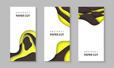 Poster - Vector vertical flyers with yellow black color paper cut shapes. 3D abstract paper style, design layout for business presentations, flyers, posters, prints, decoration, cards, brochure cover, banners.