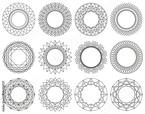 Set of round ornaments. Border made of lines. Geometric pattern. Circle shape...